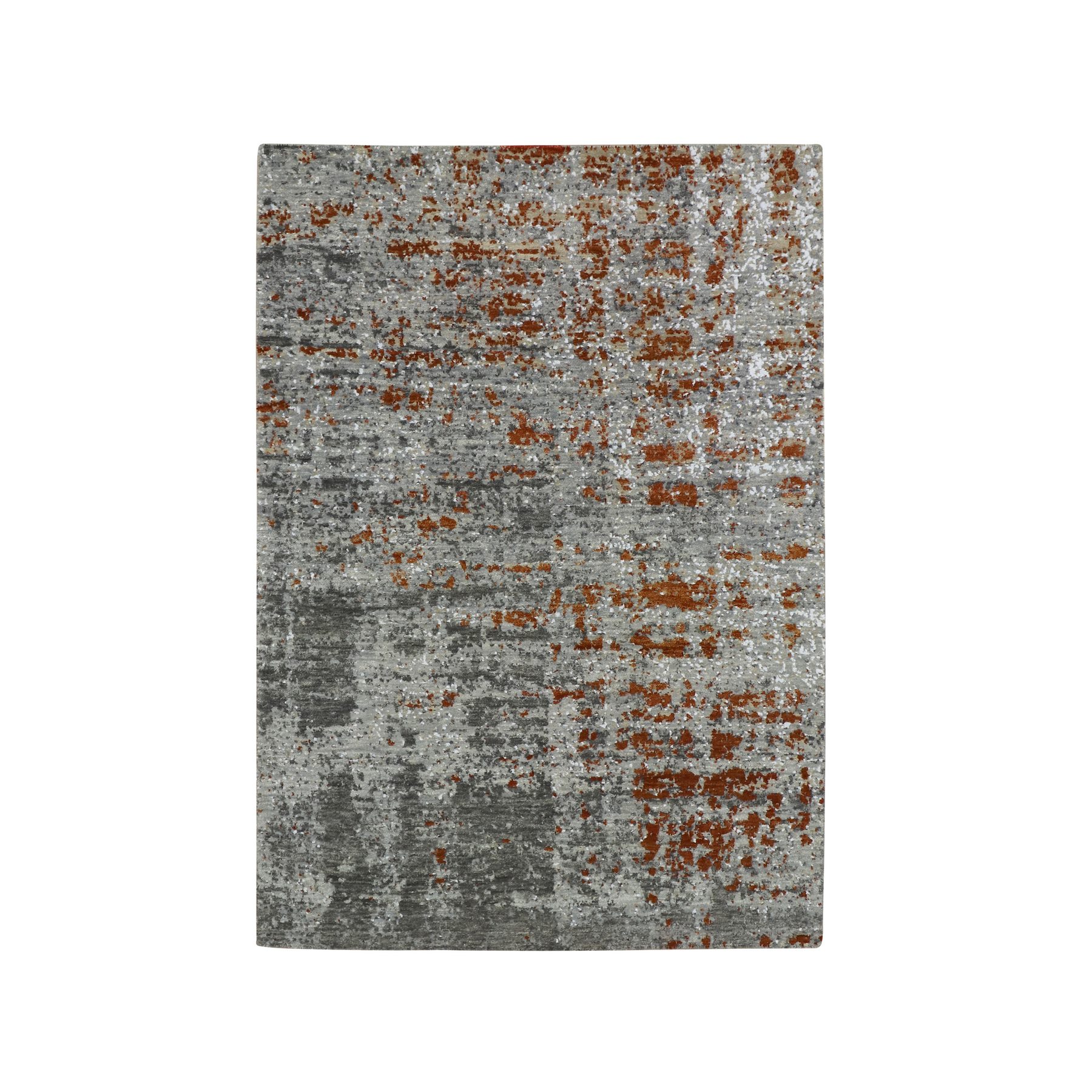 Shades of Gray with Rust, Persian Knot, Abstract with Galaxy Design, 100% Wool, Hand Knotted, Densely Woven, Oriental Rug